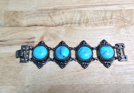 Vintage Chunky Faux Turquoise Link Bracelet,  Sil… - image 7