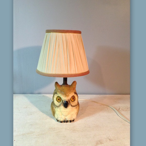 Vintage Plaster Owl Table Lamp with Shade, Chalkware Owl Lamp