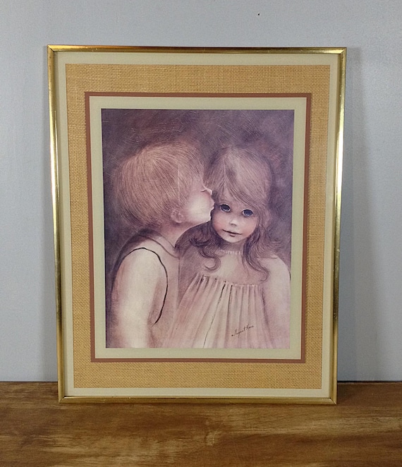 Vintage Margaret Kane Framed Print A Little Kiss, First Kiss