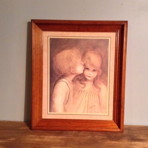 Vintage Margaret Kane Framed Print A Little Kiss, First Kiss, MCM Big Eye Print Style, Margaret Keane 1960's