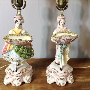 Pair of Vintage BENROSE Capodimonte Style Porcelain Table Lamps, Hand Painted Figural Porcelain Man and Woman Lamps, Made in Italy