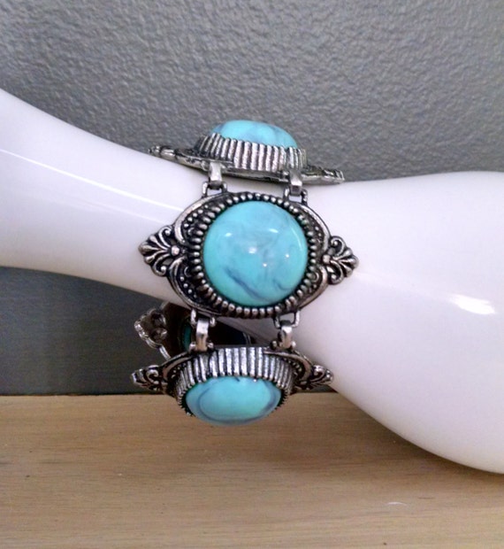 Vintage Chunky Faux Turquoise Link Bracelet,  Sil… - image 2