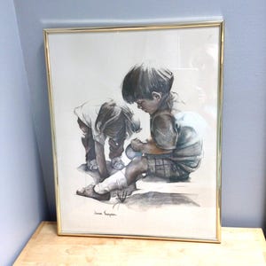 Vintage Signed Joanne Thompson Lithograph of Two Children Boy and Girl Playing, Bernard Picture Co.