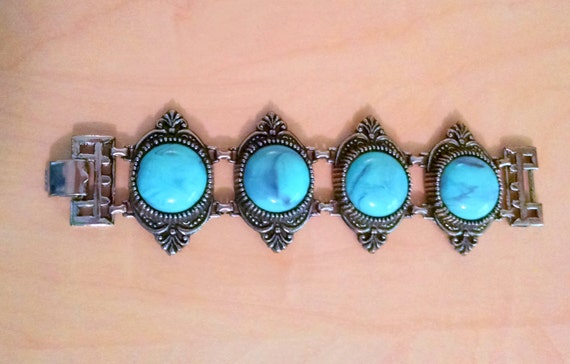 Vintage Chunky Faux Turquoise Link Bracelet,  Sil… - image 1