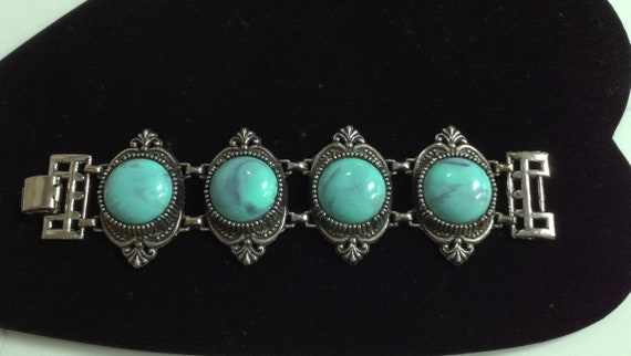 Vintage Chunky Faux Turquoise Link Bracelet,  Sil… - image 5