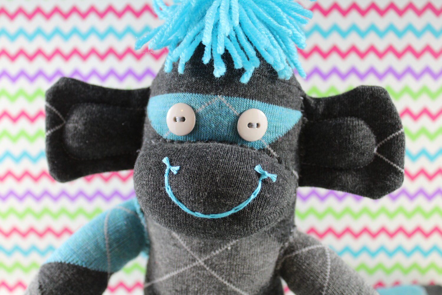 Sock Monkey / Argyle / Turquoise Blue and Grey / Nursery Decor