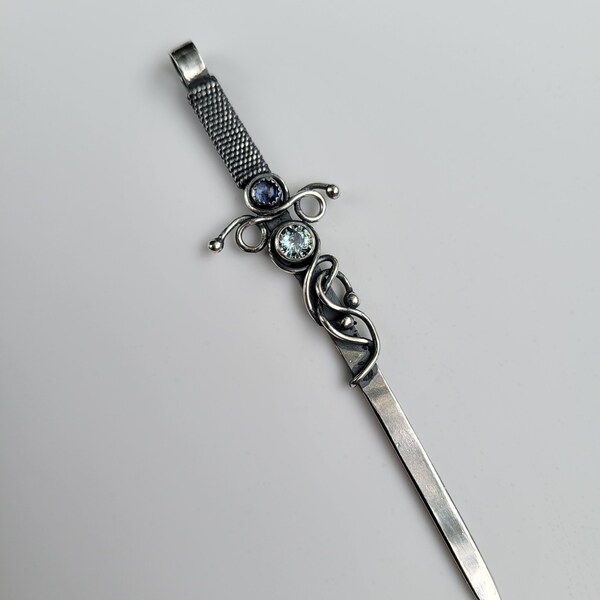 Lorelei - Blue Zircon, Kyanite, Sterling and Fine Silver Sword Pendant One of a Kind