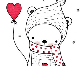 Bear with Heart Balloon Print: Black and White Nursery Art (Digital Download)