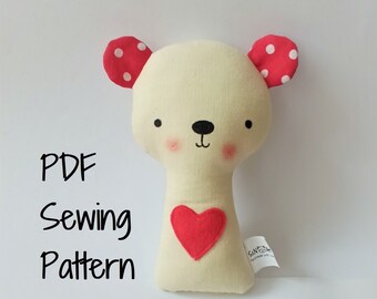 Teddy Bear Rattle Soft Toy PDF Sewing Pattern and Tutorial DIY Teddy Bear Rattle Softie Pattern Easy Stuffed Bear Rattle Sewing Pattern