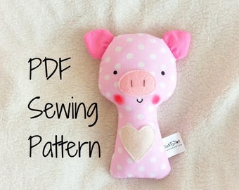 Pig Rattle Soft Toy PDF Sewing Pattern and Tutorial DIY Pig Rattle Softie Pattern Easy Stuffed Toy Pig Rattle Sewing Pattern