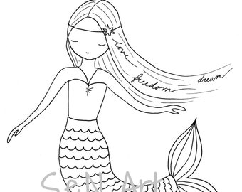 Mermaid Printable Digital Download of Original Drawing Mermaid Print Mermaid Art Drawing Mermaid Instant Download Coloring Page Mermaid PDF