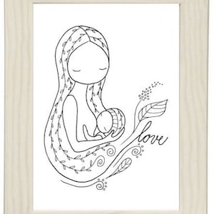 Breastfeeding Mother Art Print: Black and White Line Drawing (Digital Download)
