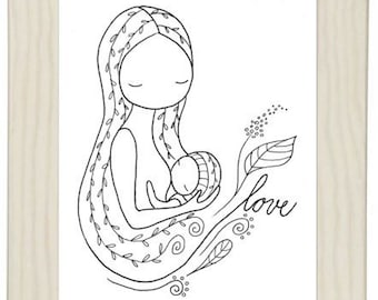 Breastfeeding Mother Art Print: Black and White Line Drawing (Digital Download)