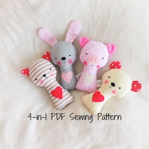 4-in-1 Pattern Bundle Bunny Teddy Bear Cat Pig Rattle Softie PDF Sewing Pattern and Tutorial Rabbit Bear Kitty Pig Soft toy Sewing Pattern