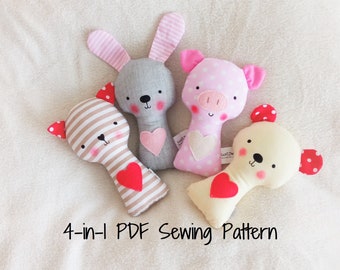 Bunny, Teddy Bear, Cat, Pig Rattle Softie Sewing Pattern (PDF)