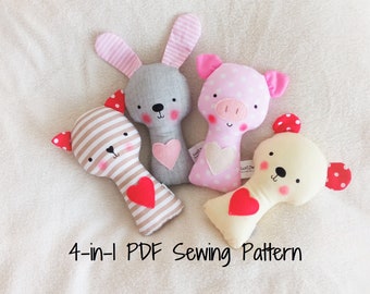 4-in-1 Pattern Bundle Bunny Teddy Bear Cat Pig Rattle Softie PDF Sewing Pattern and Tutorial Rabbit Bear Kitty Pig Soft toy Sewing Pattern