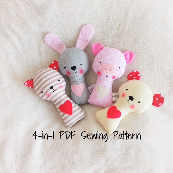 4-in-1 Pattern Bundle Bunny Teddy Bear Cat Pig Rattle Softie PDF Sewing Pattern and Tutorial Rabbit Bear Kitty Pig Soft toy Sewing Pattern