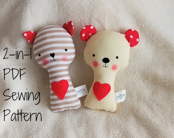 2-in-1 Pattern Bundle Cat and Teddy Bear Rattle Softie PDF Sewing Pattern and Tutorial Kitty Bear Rattle Soft toy Digital Sewing Pattern