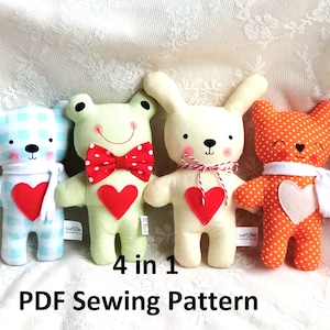 Patrón de costura DIY de animales de peluche: oso, conejo, gato y rana (patrón PDF)