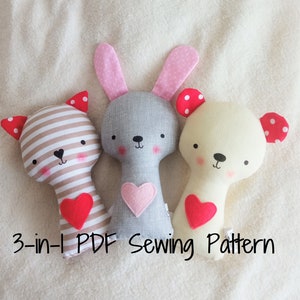 3-in-1 Pattern Bundle Bunny Teddy Beart Cat Rattle Softie PDF Sewing Pattern and Tutorial Rabbit Bear Kitty Soft toy Digital Sewing Pattern