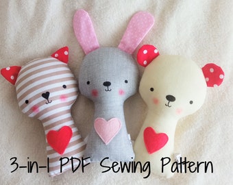 3-in-1 Pattern Bundle Bunny Teddy Beart Cat Rattle Softie PDF Sewing Pattern and Tutorial Rabbit Bear Kitty Soft toy Digital Sewing Pattern