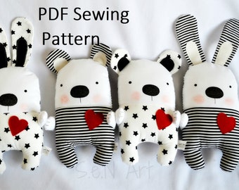 Black White Teddy Bear or Bunny Soft Toy PDF Sewing Pattern Tutorial DIY Teddy Bear Softie Pattern Easy Stuffed Bear Bunny Sewing Pattern