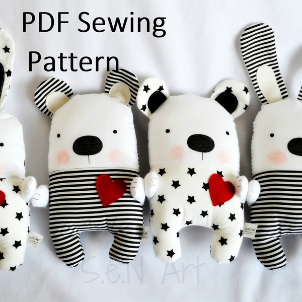 Black White Teddy Bear or Bunny Soft Toy PDF Sewing Pattern Tutorial DIY Teddy Bear Softie Pattern Easy Stuffed Bear Bunny Sewing Pattern