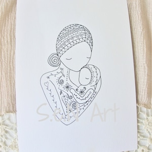 Instant Digital Download Printable Mother Baby Black White Art Print Drawing Mother Child  Love Zentangle Coloring Page Mothers Day Gift