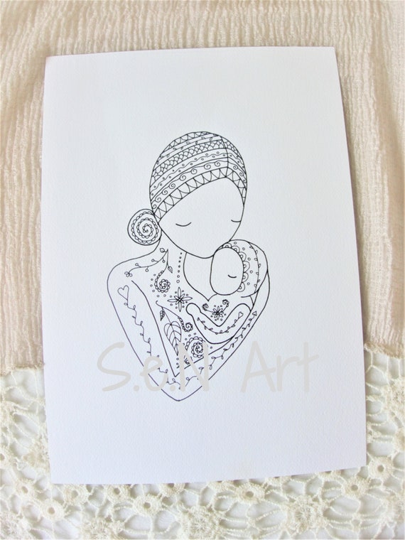 Mother Baby Black White Art Print Drawing Mother And Child Etsy