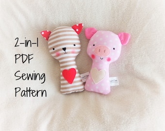 2-in-1 Pattern Bundle Pig and Cat Rattle Softie PDF Sewing Pattern and Tutorial Pig and Kitty Rattle Soft toy Digital Sewing Pattern Toy