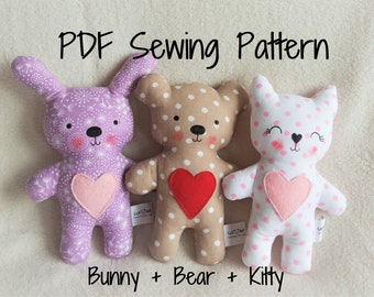 Teddybeer Kitty Bunny zacht speelgoed PDF naaipatroon en zelfstudie DIY Teddybeer Softie patroon Gemakkelijk gevuld beer konijntje kat naaipatroon