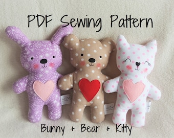 Teddy Bear Kitty Bunny Soft Toy PDF Patrón de costura y Tutorial DIY Teddy Bear Softie Pattern Patrón de costura fácil de oso de peluche Bunny Cat