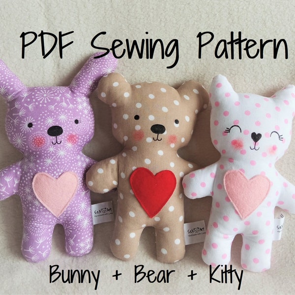 Teddy Bear Kitty Bunny Soft Toy PDF Sewing Pattern and Tutorial DIY Teddy Bear Softie Pattern Easy Stuffed Bear Bunny Cat Sewing Pattern