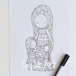 Instant Digital Download Mother with Two Daughters Black and White Art Drawing Mothers Day Gift Illustration Mother Zentangle Coloring Art