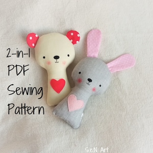 2-in-1 Pattern Bundle Bunny and Teddy Beart Rattle Softie PDF Sewing Pattern and Tutorial Rabbit Bear Rattle Soft toy Digital Sewing Pattern