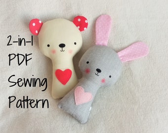 2-in-1 Pattern Bundle Bunny and Teddy Beart Rattle Softie PDF Sewing Pattern and Tutorial Rabbit Bear Rattle Soft toy Digital Sewing Pattern