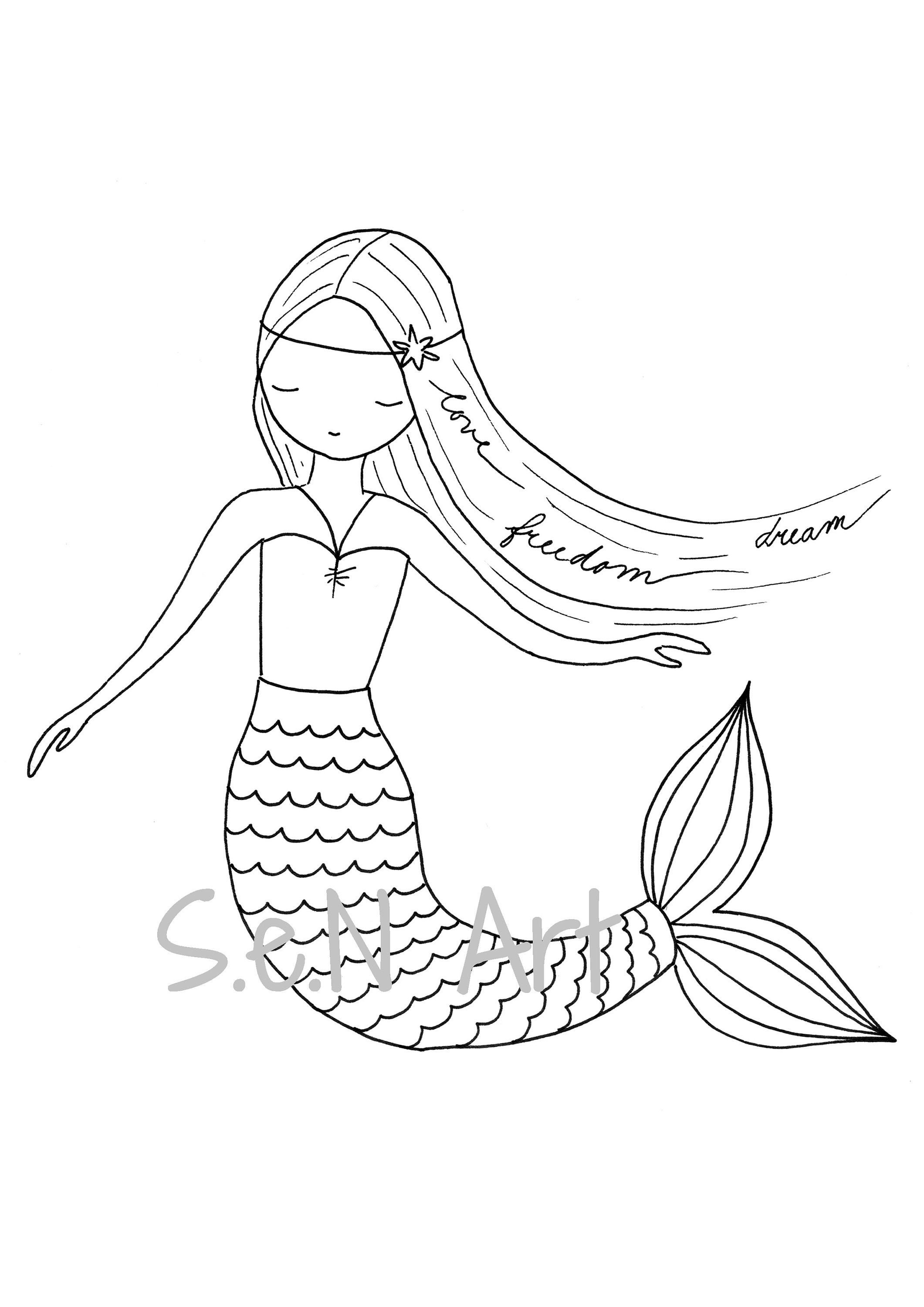 Kleurplaat zeemeermin: originele kunst afdrukbaar (digitale download) -  Etsy België, image size:2121x3000