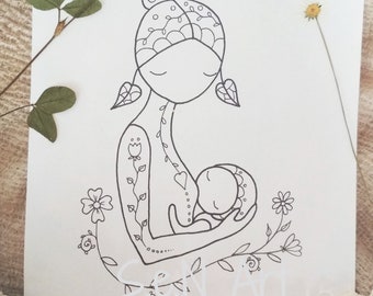 Breastfeeding Mother Art Print: Black and White Line Drawing (Digital Download)