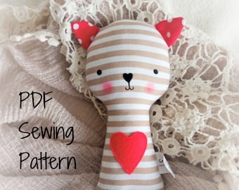 Cat Rattle Soft Toy PDF Sewing Pattern and Tutorial DIY Kitty Rattle Softie Pattern Easy Stuffed Kitten Rattle Sewing Pattern Stuffed Cat