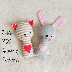 2-in-1-Muster-Bundle Hase und Kitty Rassel Softie PDF Schnittmuster und Anleitung Kaninchen Katze Rassel Stofftier Digitales Schnittmuster