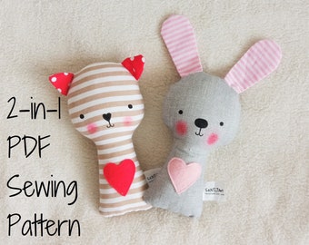 2-in-1 Pattern Bundle Bunny and Kitty Rattle Softie PDF Sewing Pattern and Tutorial Rabbit Cat Rattle Soft toy Digital Sewing Pattern