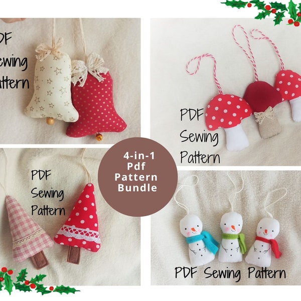 4-in-1 PDF Pattern Bundle Snowman Bell Mushroom Tree Ornament Sewing Pattern Tutorial Digital Sewing Pattern Christmas Tree Ornaments