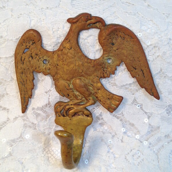 Old Brass Eagle Wall Hook, Heavy Patina, Two Predrilled Hooks for Mounting, Key Holder, Coat Hook.