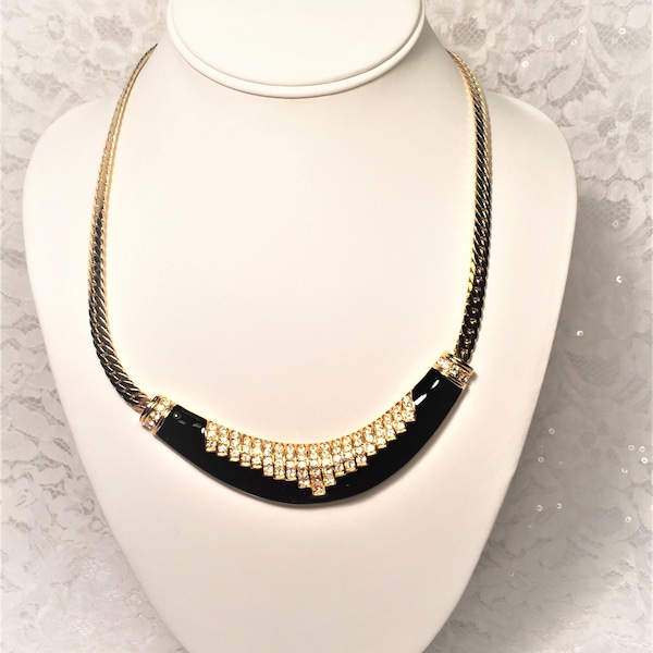 Park Lane Gold Tone Black Enamel and Rhinestone Necklace, Bib Choker, Herringbone Chain, Art Deco Style.