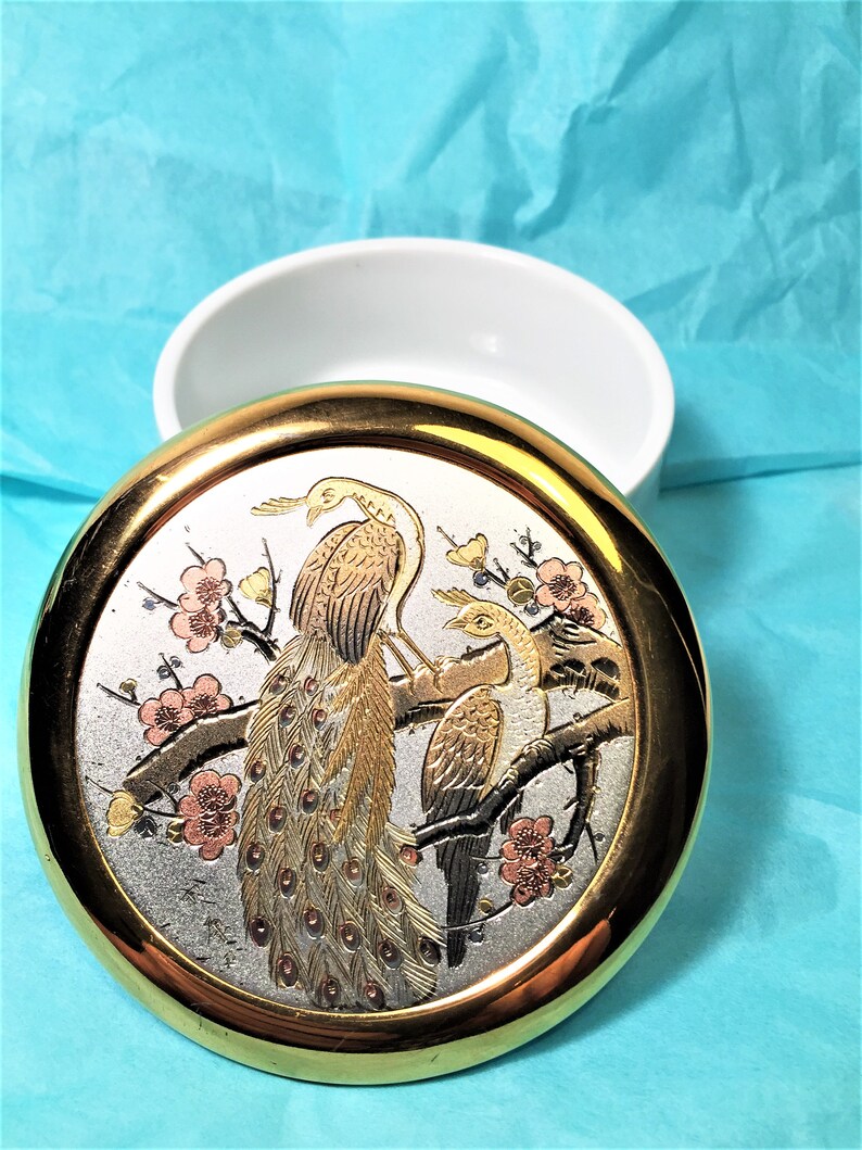 Chokin Art Round White Porcelain Trinket Dish with 24K Peacocks and Flowers Design Asian Symbols on Lid.
