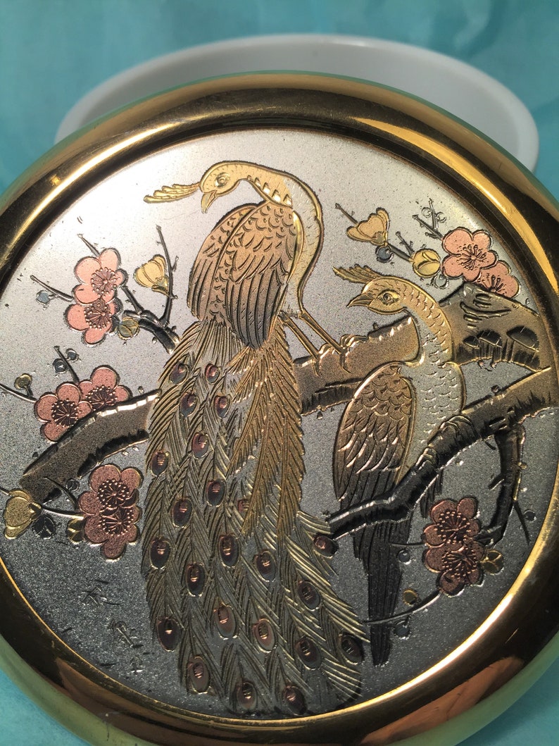 Chokin Art Round White Porcelain Trinket Dish with 24K Peacocks and Flowers Design Asian Symbols on Lid.