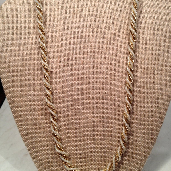 Classic Trifari Necklace With Twisted Gold Tone Metal and Faux Seed Pearls, 1970's, Excellent Condition.