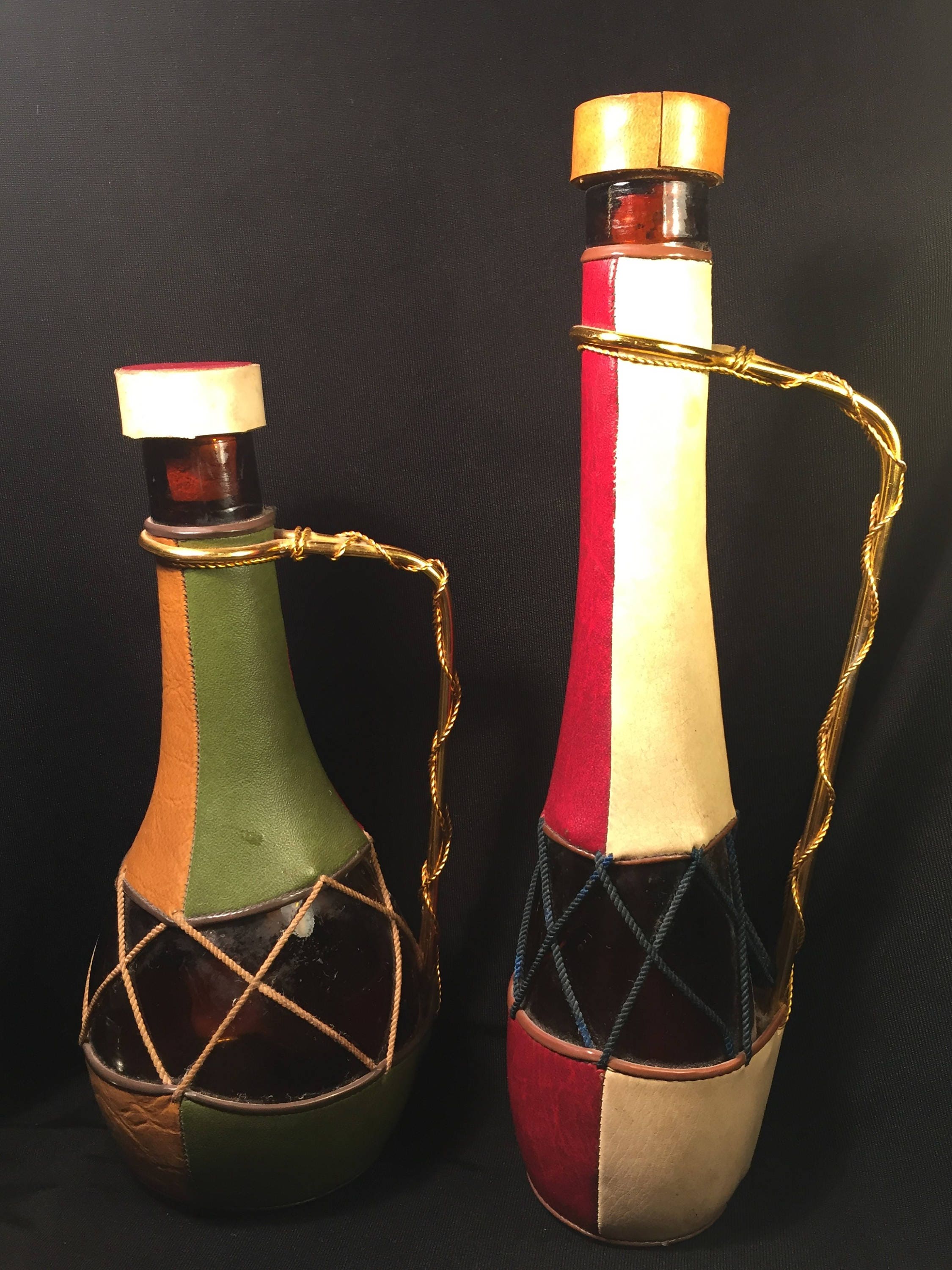 Two Leather Covered Amber Glass Bottles Metal Handle Wrapped Etsy UK