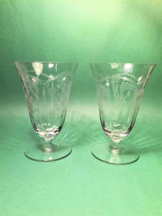 Set of Two Vintage Etched Parfait Glasses Set of Two Vintage Etched Parfait Glasses