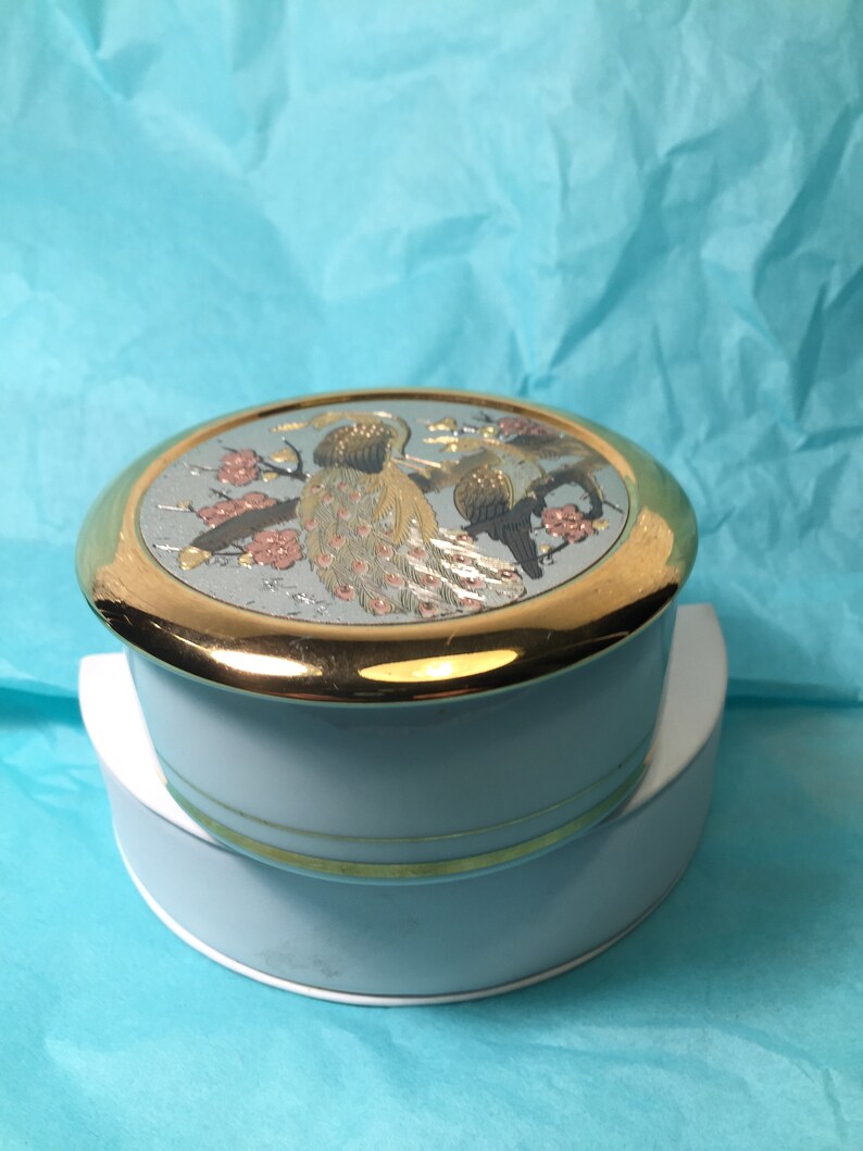 Chokin Art Round White Porcelain Trinket Dish with 24K Peacocks and Flowers Design Asian Symbols on Lid.